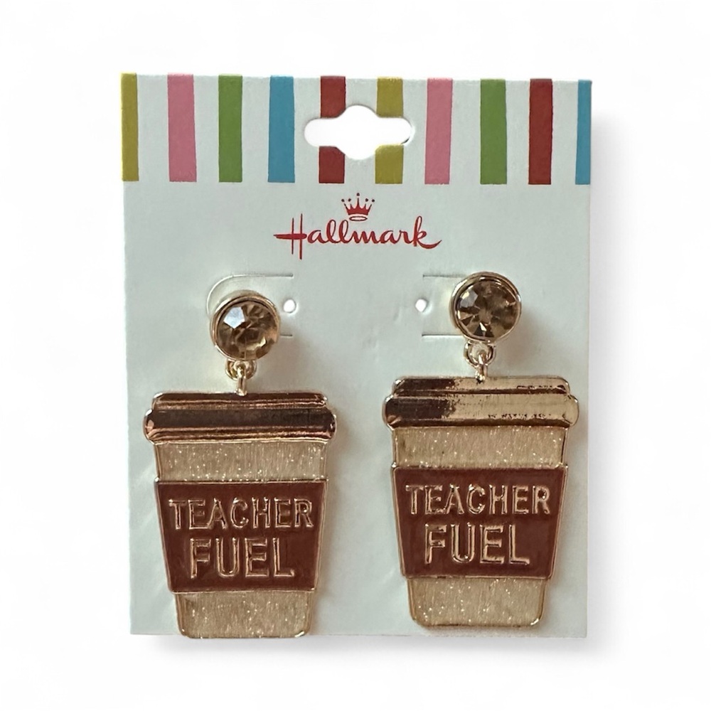 Hallmark Gold and Brown Teacher Fuel Coffee Earrings ☕️